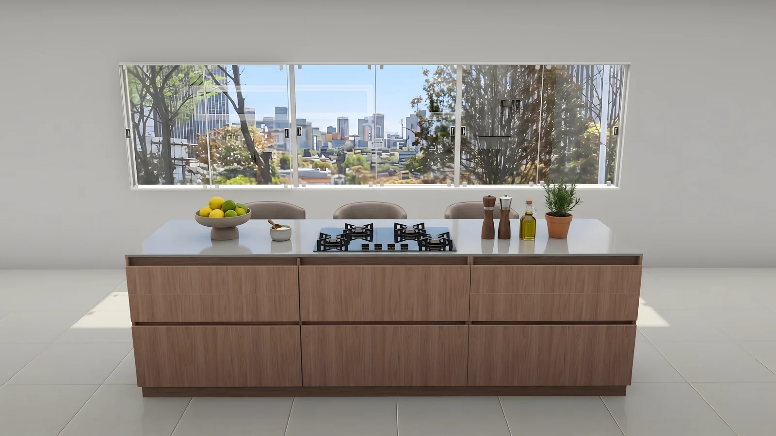 Render 3D de isla de cocina en nogal con estufa a gas empotrada y frentes continuos, ventana panorámica al fondo