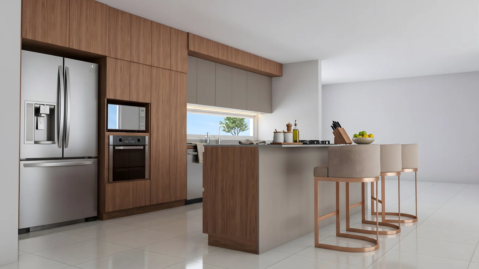 Render 3D en perspectiva de la cocina en nogal: torre de nevera y hornos a la izquierda, isla gris con bancos cobre a la derecha
